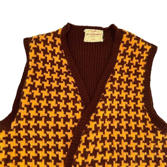 Handmade by Mother 70s Sweater Vest Houndstooth Yellow Brown Size S Disco Preppy - Picture 3 of 7